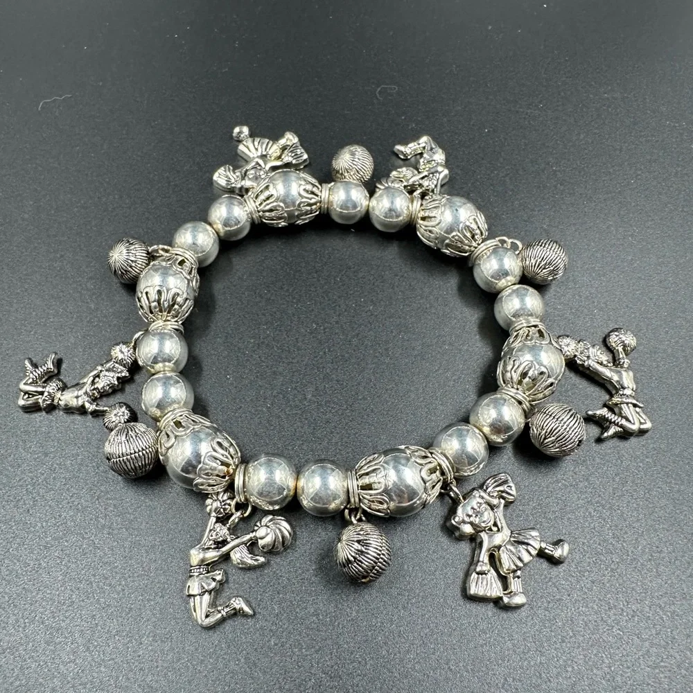 Best Signed Vintage Silver Cheer Leader Ornate Beaded stretch Charm Bracelet